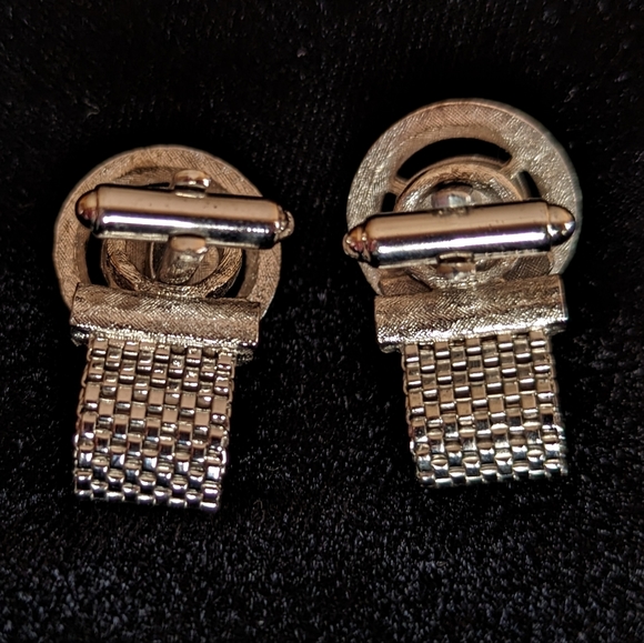 Vintage Swank Chain Mesh Cufflinks  with Silver Tone/Blue Stone and Bullet Backs - Picture 2 of 6